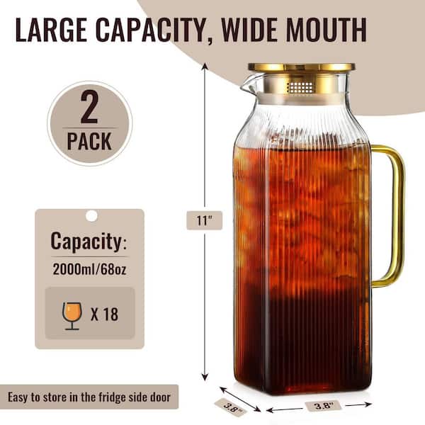 68 oz. Borosilicate Glass Pitcher with Lid for Fridge Use, Iced Tea, Coffee, and Hot and Cold Brew Drinks, Gold (2-Pack)