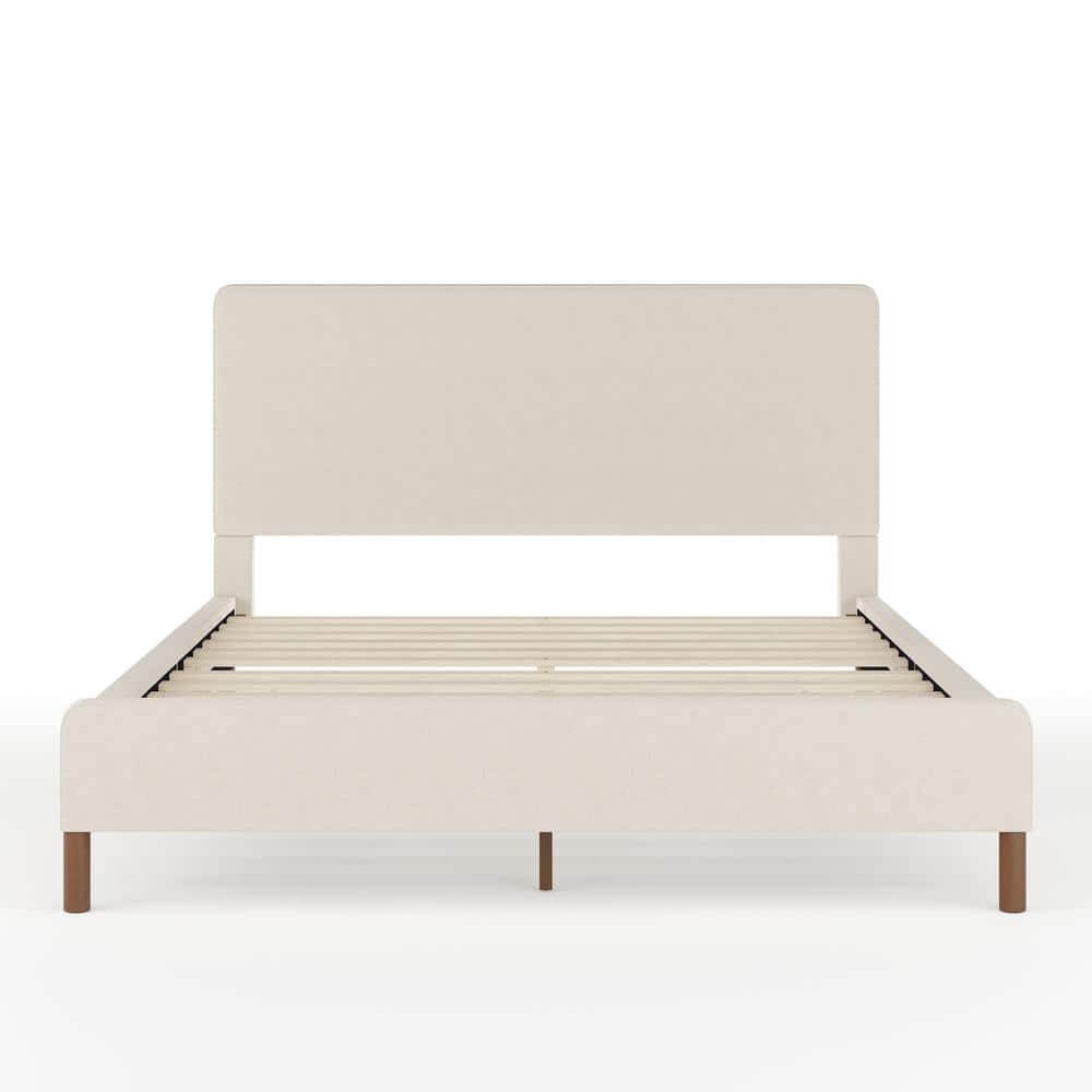 Queen Beige Linen Upholstered Platform Bed with Storage Drawer