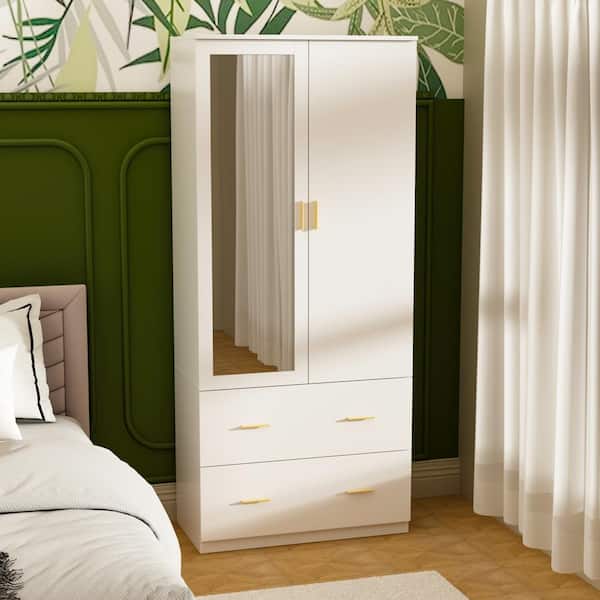 FUFU&GAGA 2-Drawers White Storage Cabinet with Mirror and 5-Shelves 31.5 in. L x 16.4 in. W x 72.0 in. H