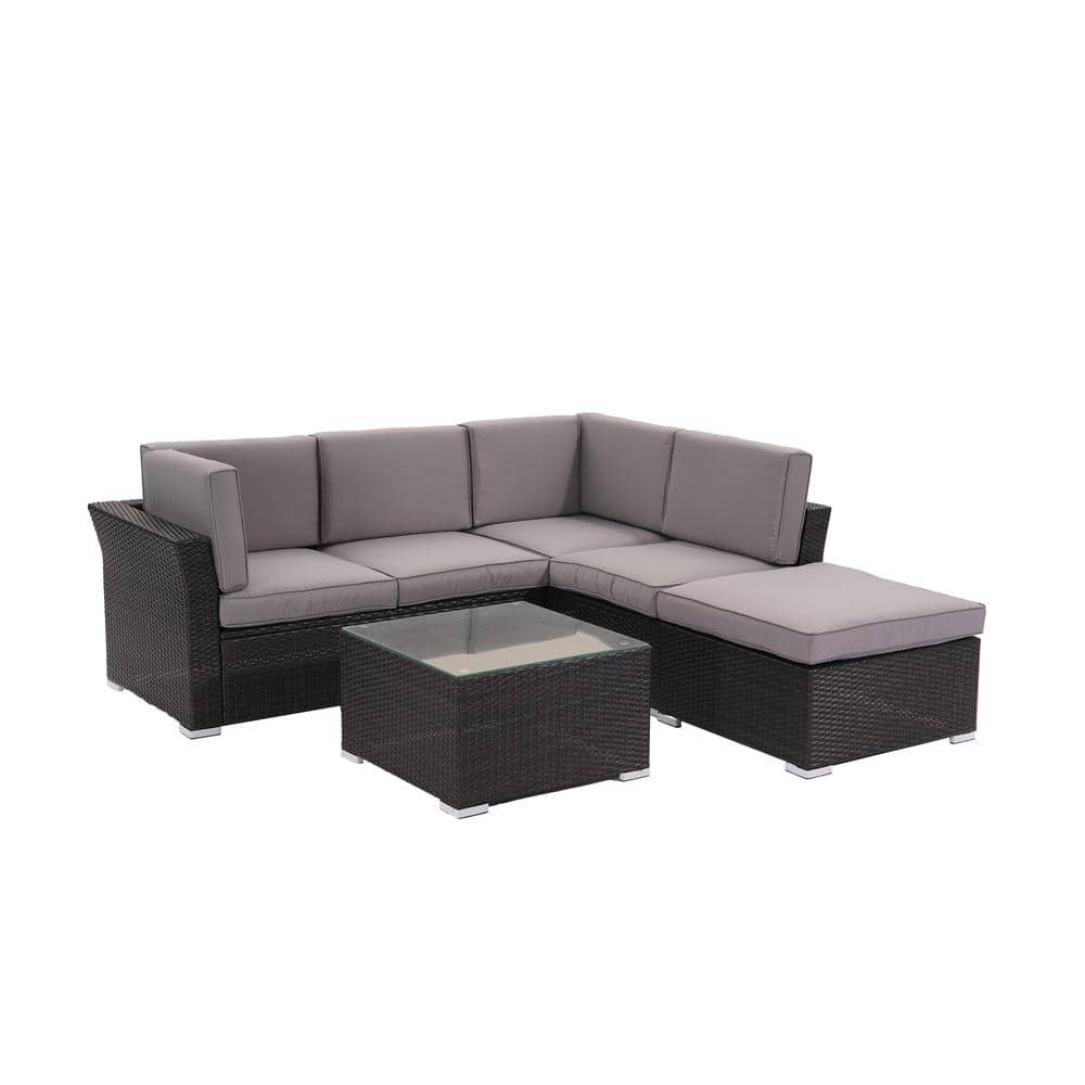 4-pieces PE Wicker Outdoor Sectional with Gray Cushions