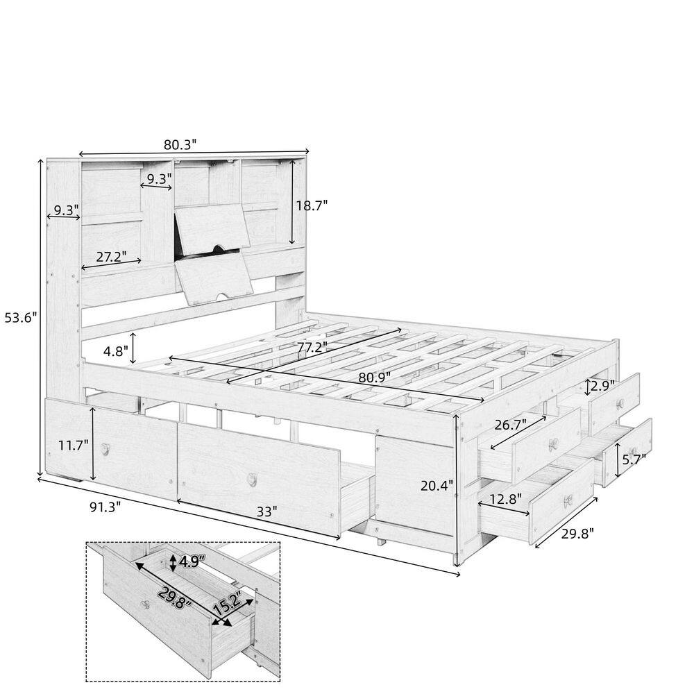 Gray Wood Frame King Size Platform Bed with Storage Headboard and 8 Drawers - thumbnail 9