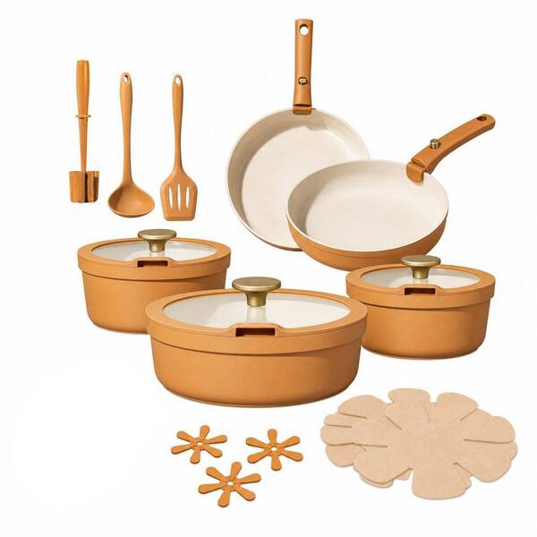 20-Piece Orange Ceramic Cookware Set with Detachable Handles Pots and Pans Set Induction and Dishwasher Safe, Non-toxic