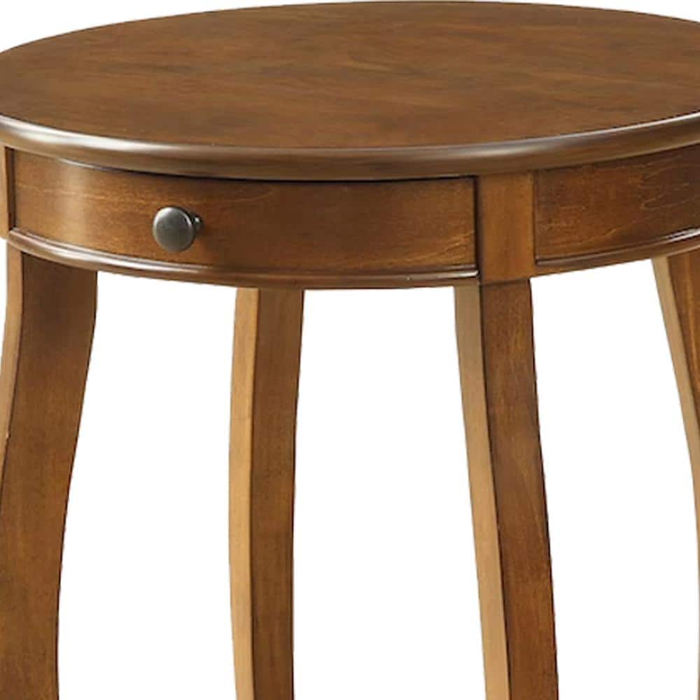 Walnut Round Wood End Table with Storage Drawer