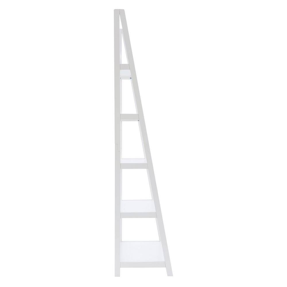 Side profile view of a white ladder bookcase.