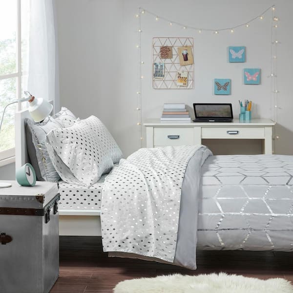 Metallic Dot 3-Piece Grey/Silver Microfiber Twin Printed Sheet Set