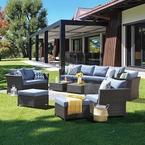 Huron Gorden Brown 12-Piece Wicker Outdoor Patio Conversation Sectional Sofa Set with Blue Cushions