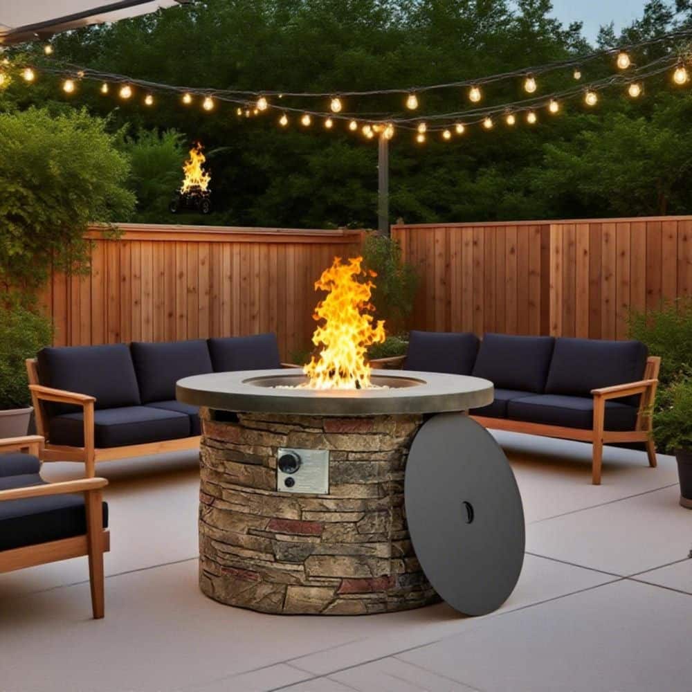 36'' Propane Gas Fire Pit Table, 50000 BTU Round Concrete Fire Pit for ...