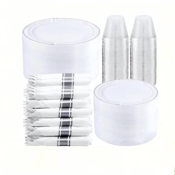 350-Piece Silver Plastic Dinnerware Set, Disposable 10.25 in. Dinner Plates, Dessert Plates, Rim Cups (Service for 50)