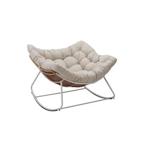 Metal Water-Resistant Outdoor Rocking Chair White Frame with Beige Cushion For Backyard, Patio, Poolside