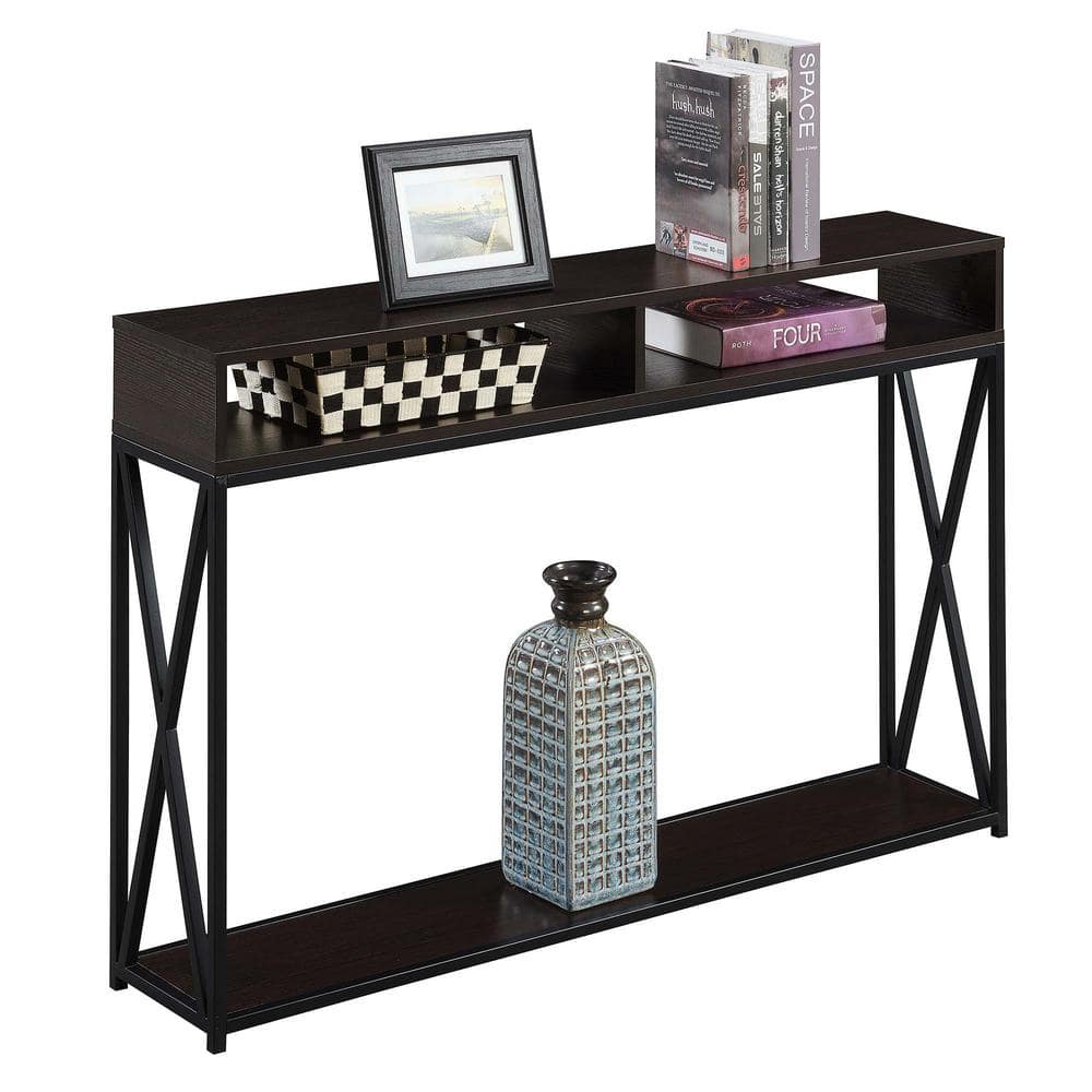 Espresso and Black Dual-Tiered Metal & Wood Console Table with Storage