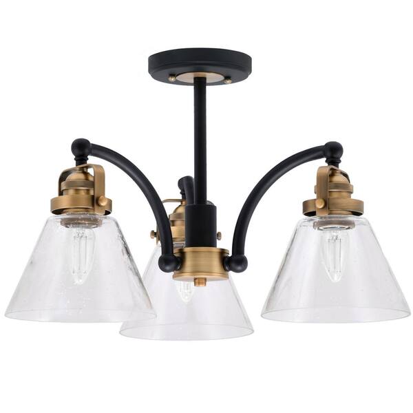 Unbranded Decatur 17.25 in. 3-Light Black and Brass Semi-Flush with 7 in. Clear Bubble Glass Shade No Bulbs Included