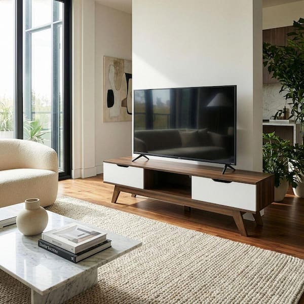 Glamour Home Anoki 63 in. Walnut and White Wood TV Stand with 2
