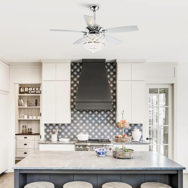 Berkshire 52 in.Modern Downrod Mount Chrome Crystal Ceiling Fan with Light Kit and Remote Control
