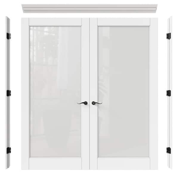 72in. x 80 in. 1-Lite Frosted Glass Universal White Solidcore French Door Kit w/Quick Assemble Jamb, Weatherseal Lockset