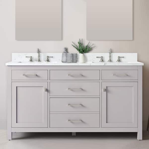 SUDIO Jasper 60 in. W x 22 in. D Bath Vanity in Taupe with Engineered Stone Vanity Top in Carrara White with White Sinks