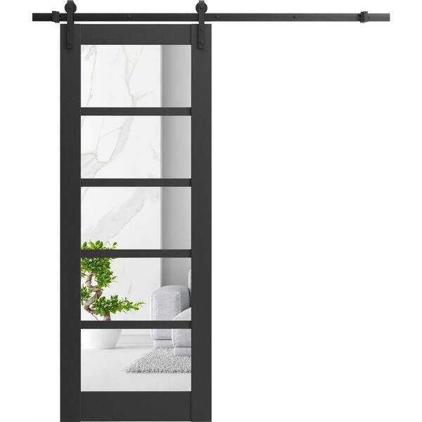 42 in. x 96 in. 1 Panel Clear Glass Black Matte Solid MDF Sliding Barn Door with Hardware Kit