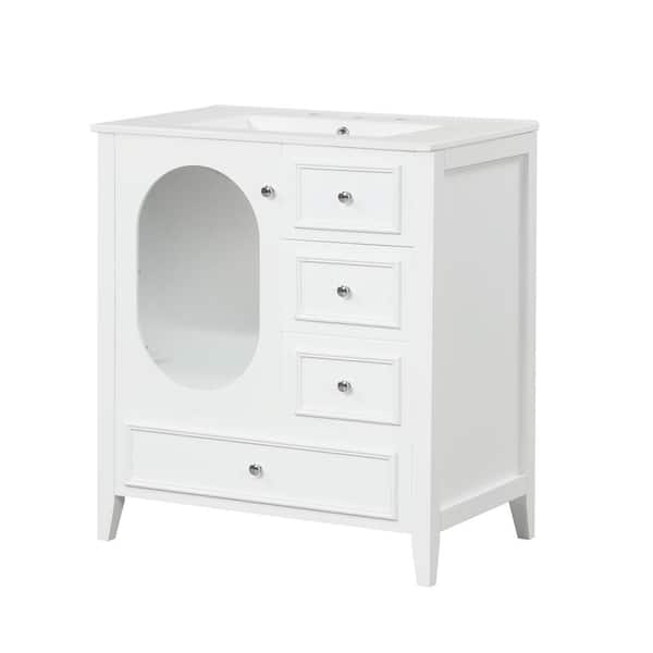 Polibi 30 in. W Single Sink Freestanding Bath Vanity in White with White Ceramic Top, 3-Drawers and Door