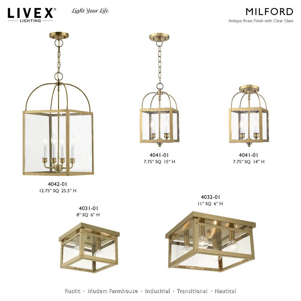 Milford Antique Brass 4-Light Clear Glass Flush Mount