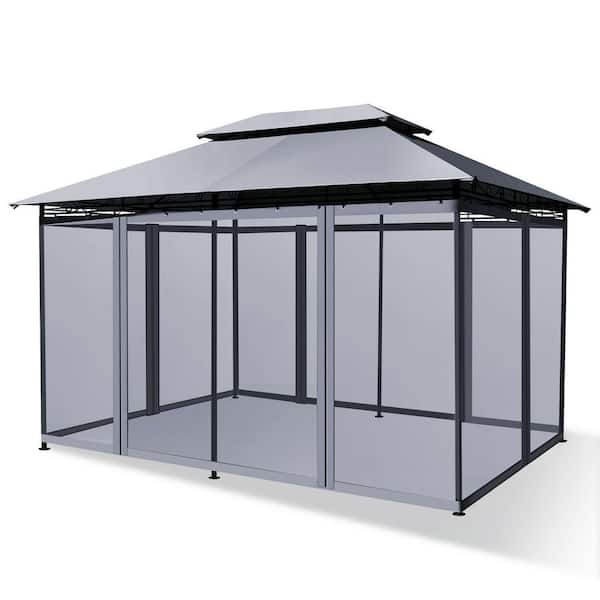Gymax 2-Tier 10 ft. x 13 ft. Steel Gazebo Canopy Tent Shelter Patio Garden Outdoor Netting Gray