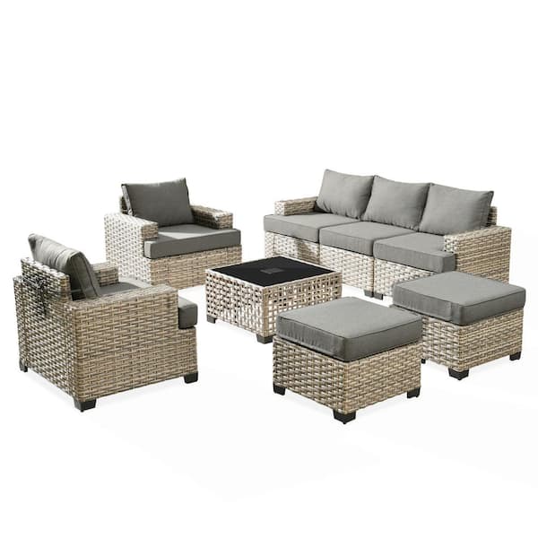 Kelley's 8-Piece Wicker Modern Outdoor Patio Conversation Sofa Seating Set with a LED Table and Dark Grey Cushions