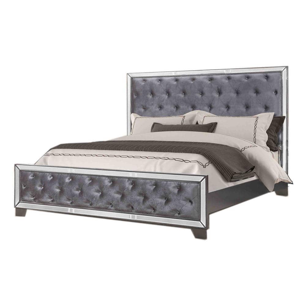 Sedona Silver Queen Upholstered Wood Bed with Tufted Headboard