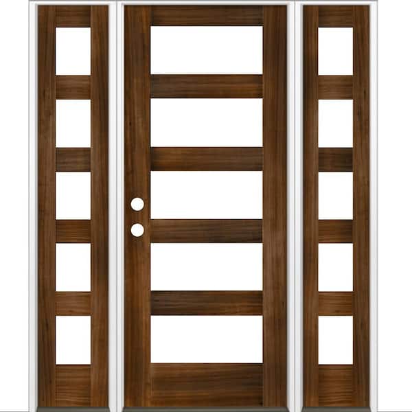 Krosswood Doors 64 in. x 80 in. Modern Hemlock Right-Hand/Inswing 5-Lite Clear Glass Provincial Stain Wood Prehung Front Door with DSL