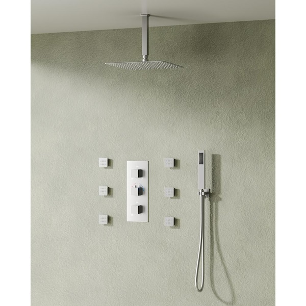 EVERSTEIN 5-Spray Patterns 12 in. Ceiling Mount 2.5 GPM Rainfall Shower Faucet with 6-Jet in Brushed Nickel (Valve Included)