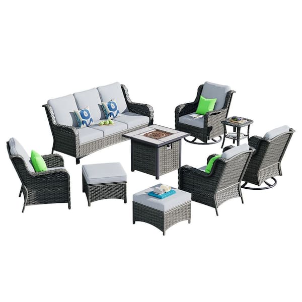 New Kenard Gray 9-Piece Wicker Patio Fire Pit Conversation Set with Gray Cushions and Swivel Rocking Chairs