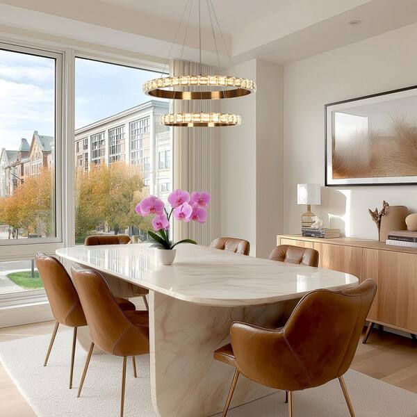 2 Lights Dimmable Integrated LED Electroplated Brass Crystal Circle Ring Chandelier for Foyer Kitchen