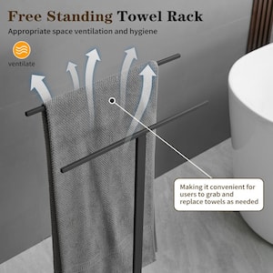 2-Tier Standing Towel Rack with Marble Base for Bathroom Floor Double-T Tall Bath Towel Sheet Holder in Matte Black