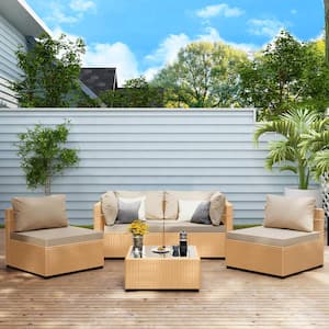 5-Piece Wicker Patio Conversation Seating Set with Beige Cushions