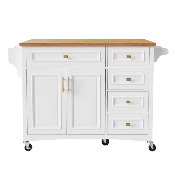 White Rubber Wood Tabletop 52 in. Kitchen Island on 5 Wheels with Drop Leaf, 2 Doors and 5 Drawers