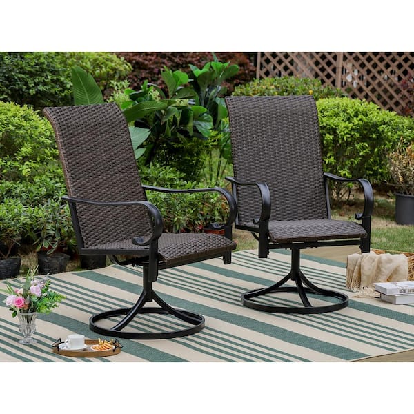 PHI VILLA Rattan Metal Swivel Outdoor Dining Chair with Curved