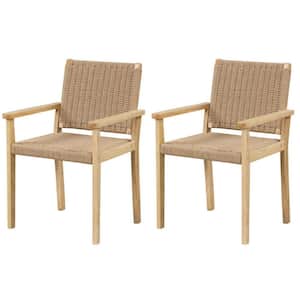 Wood Outdoor Dining Chair Set of 2 with Woven Paper Rope in Seat and Back