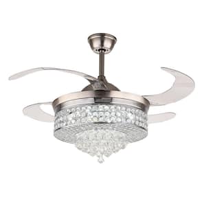 42 in. Integrated LED Indoor Polished Silver Modern Retractable 3 Color Changing Crystal Ceiling Fan with Light