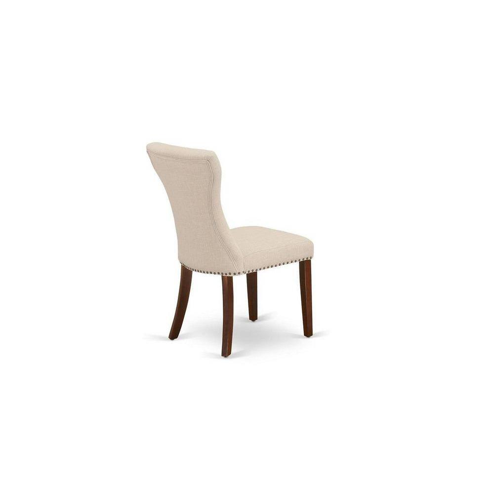 Mahogany Round Pedestal Dining Table Set with Beige Linen Chairs