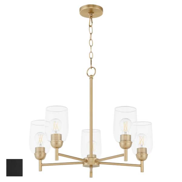 quorum Wallinger 60 Watt 5 Light Matte Black Chandelier Light with Clear Glass Shade, No Light Bulb Included