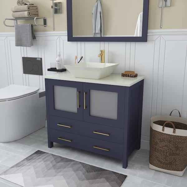 Ravenna 36 in. W Single Basin Bathroom Vanity in Blue with White Engineered Marble Top and Mirror
