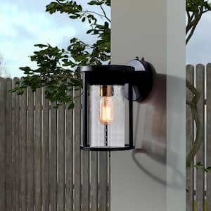 Hawaii 11.02 in. H Black Seeded Glass Hardwired Outdoor Wall Lantern Sconce with Dusk to Dawn