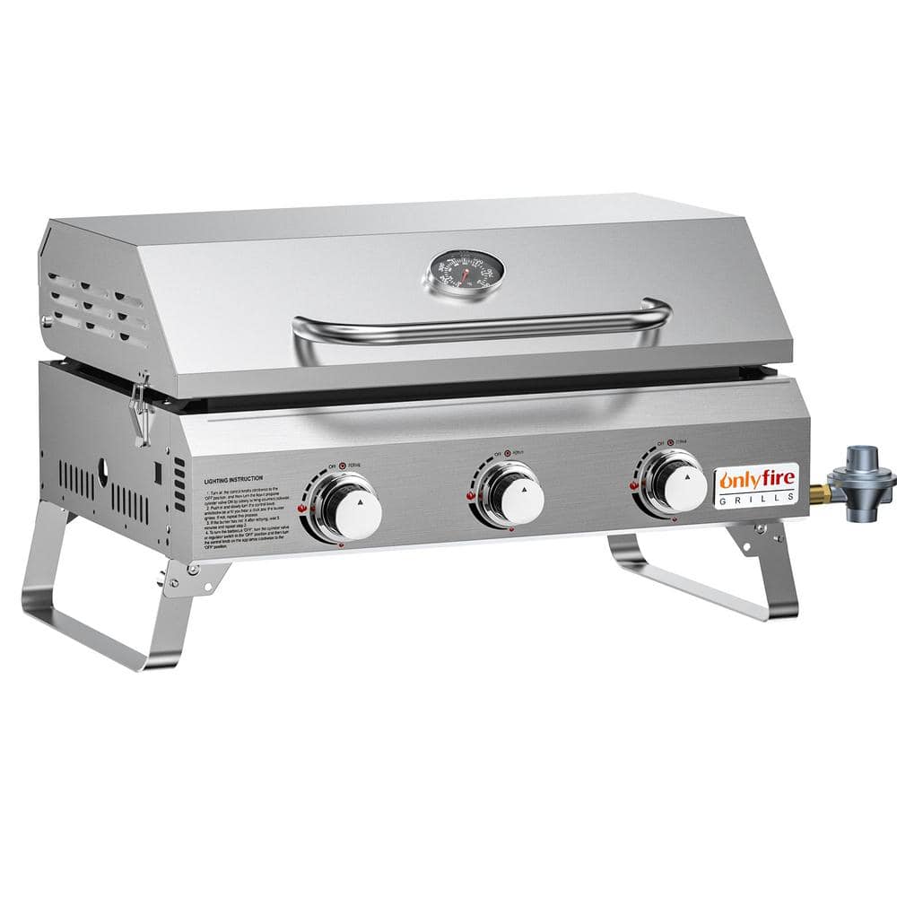 onlyfire 24 in. 3-Burner Propane Grill Gas Griddle Flat Top with Cover, Silver