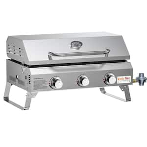 24 in. 3-Burner Propane Grill Gas Griddle Flat Top with Cover, Silver