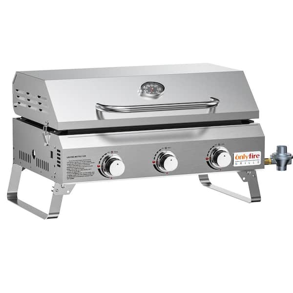 Hitechluxe 24 in. 3-Burner Propane Grill Gas Griddle Flat Top with Cover, Silver