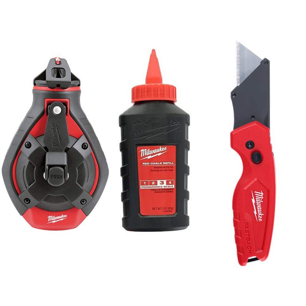 Milwaukee 100 ft. Bold Line Chalk Reel Kit with Red Chalk and FASTBACK  Compact Folding Utility Knife 48-22-3986-48-22-1500 - The Home Depot