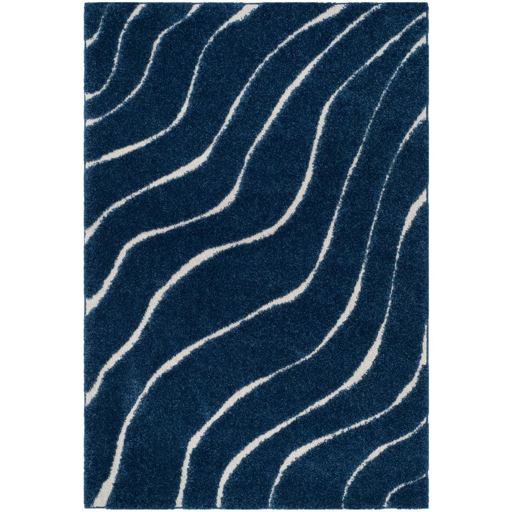 Dark Blue and Cream Tufted Shag Area Rug