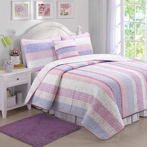 Little Miss Daisy Floral Ruffle Striped Ogee Flower 2-Piece Pink Purple White Cotton Twin Quilt Bedding Set
