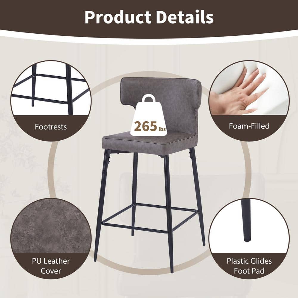 Gray Faux Leather and Iron Frame Counter Stool with Footrest