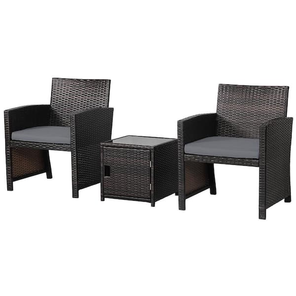 Liviza 3-Piece Wicker Patio Conversation Set with Gray Cushions and Storage Table