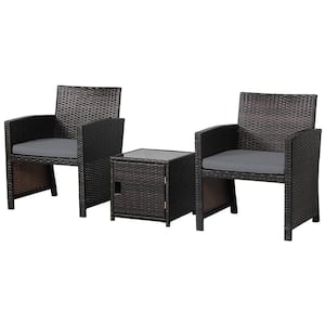 3-Piece Wicker Patio Conversation Set with Gray Cushions and Storage Table