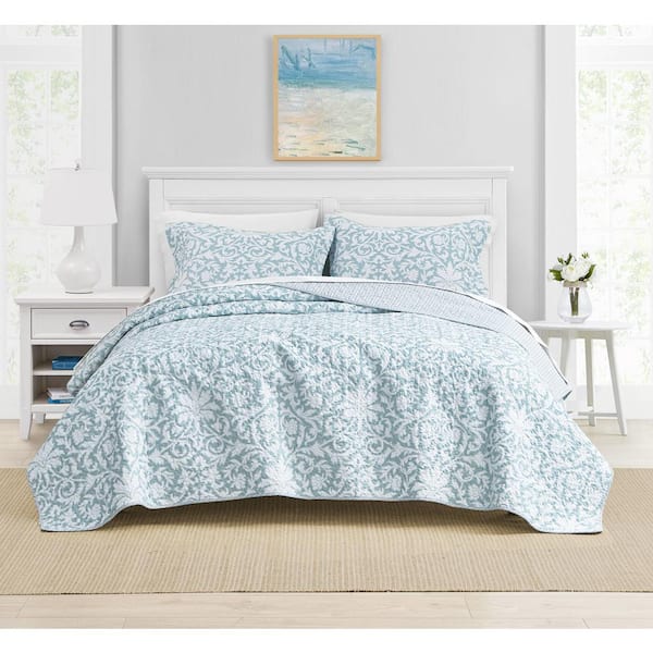 Laura Ashley Mia 2-Piece Soft Blue Floral Cotton Twin Quilt Set