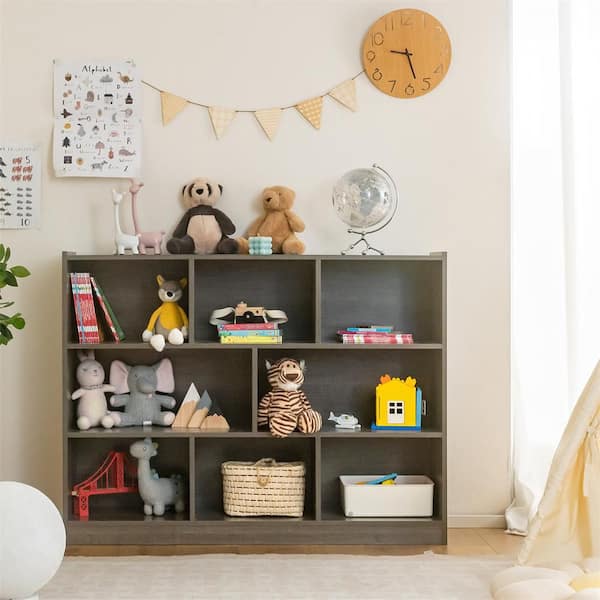 36.5 in. Tall Grey Wood 3-Shelf Storage Cube Bookcase 8 Cube Open Shelf with Anti-Toppling Devices Multipurpose